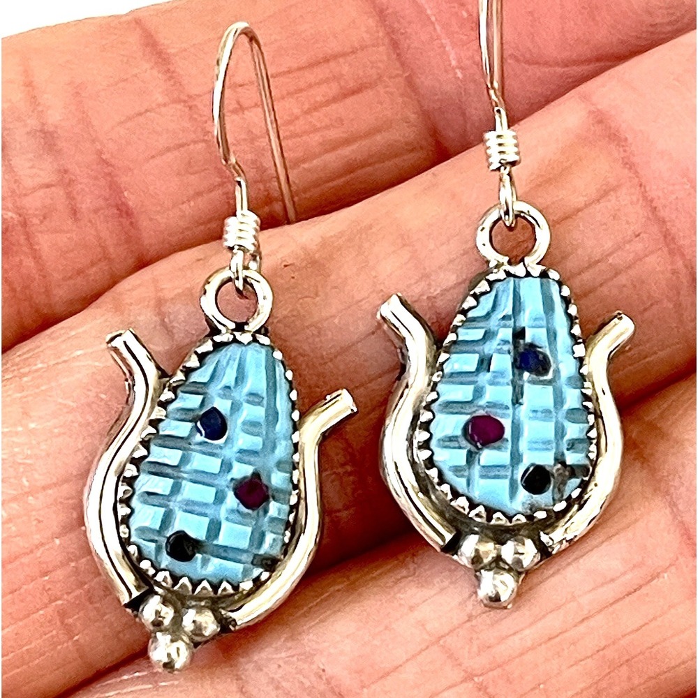 Zuni Corn Earrings Carved Turquoise Sterling Stone Inlay Dangle Ear Signed SM